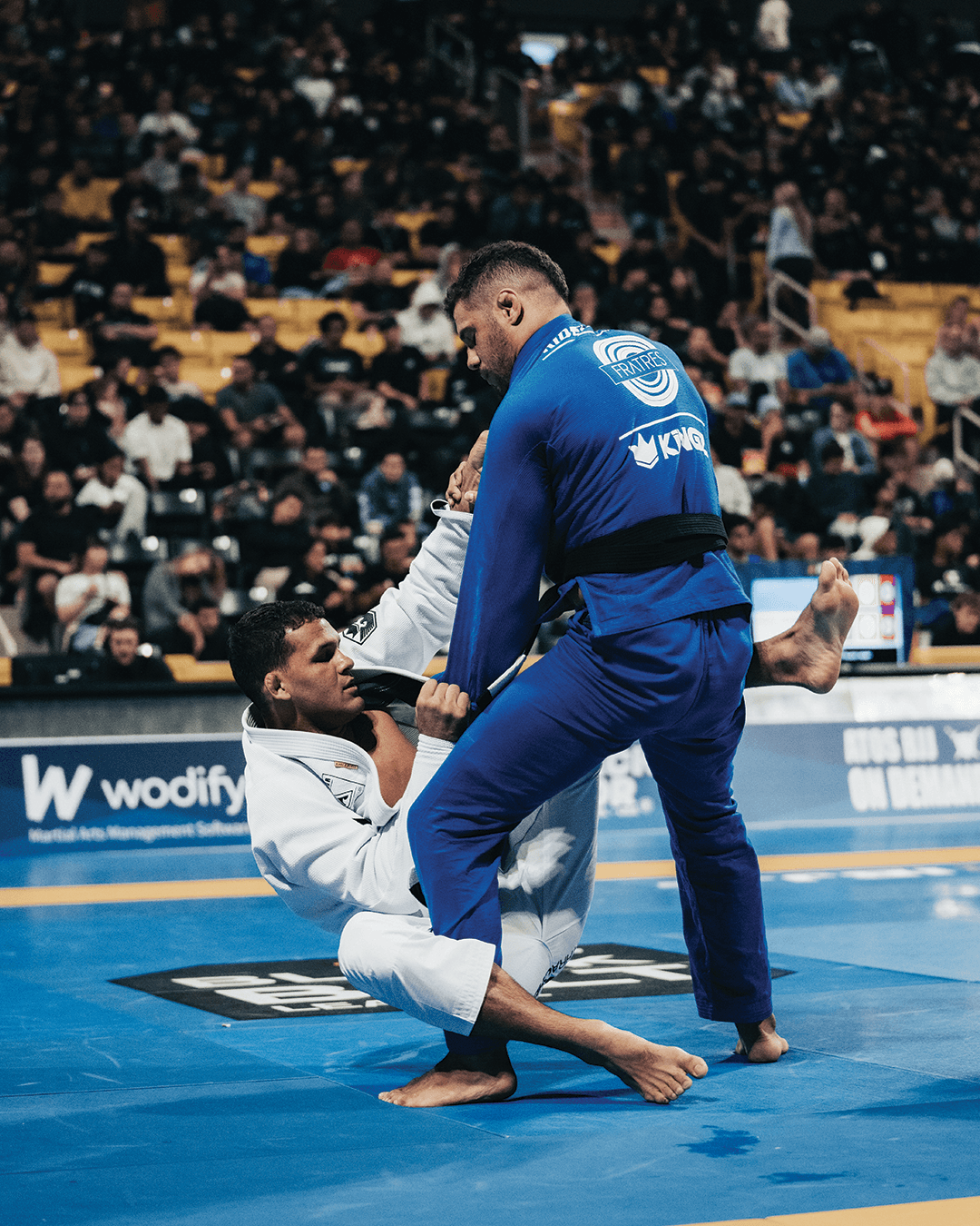 Two gi competitors, one seated and one standing, in an illustrative Kingz competition photograph.