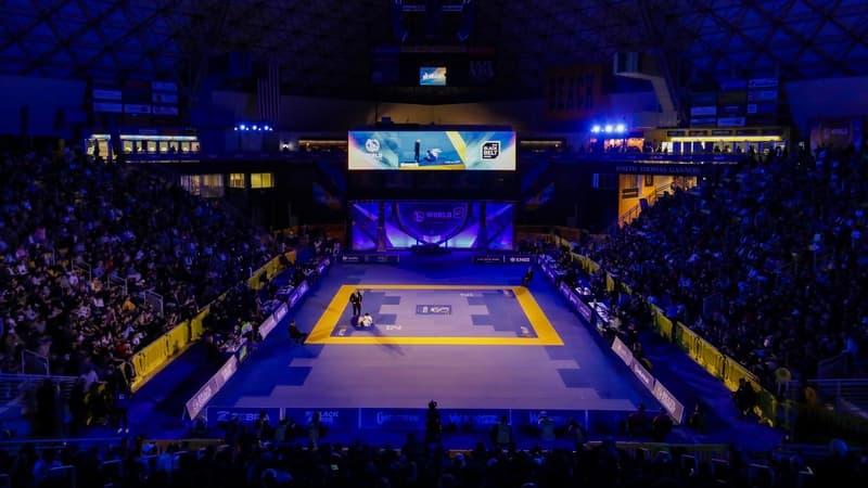 The mats and spectator seating at the 2024 IBJJF Worlds.