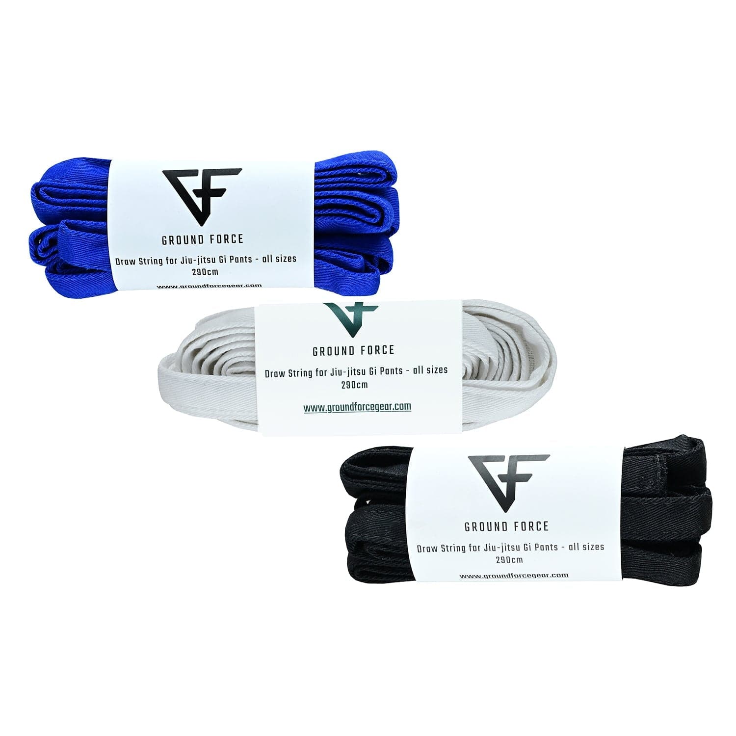 Three flat replacement gi drawstrings in blue, white, and black