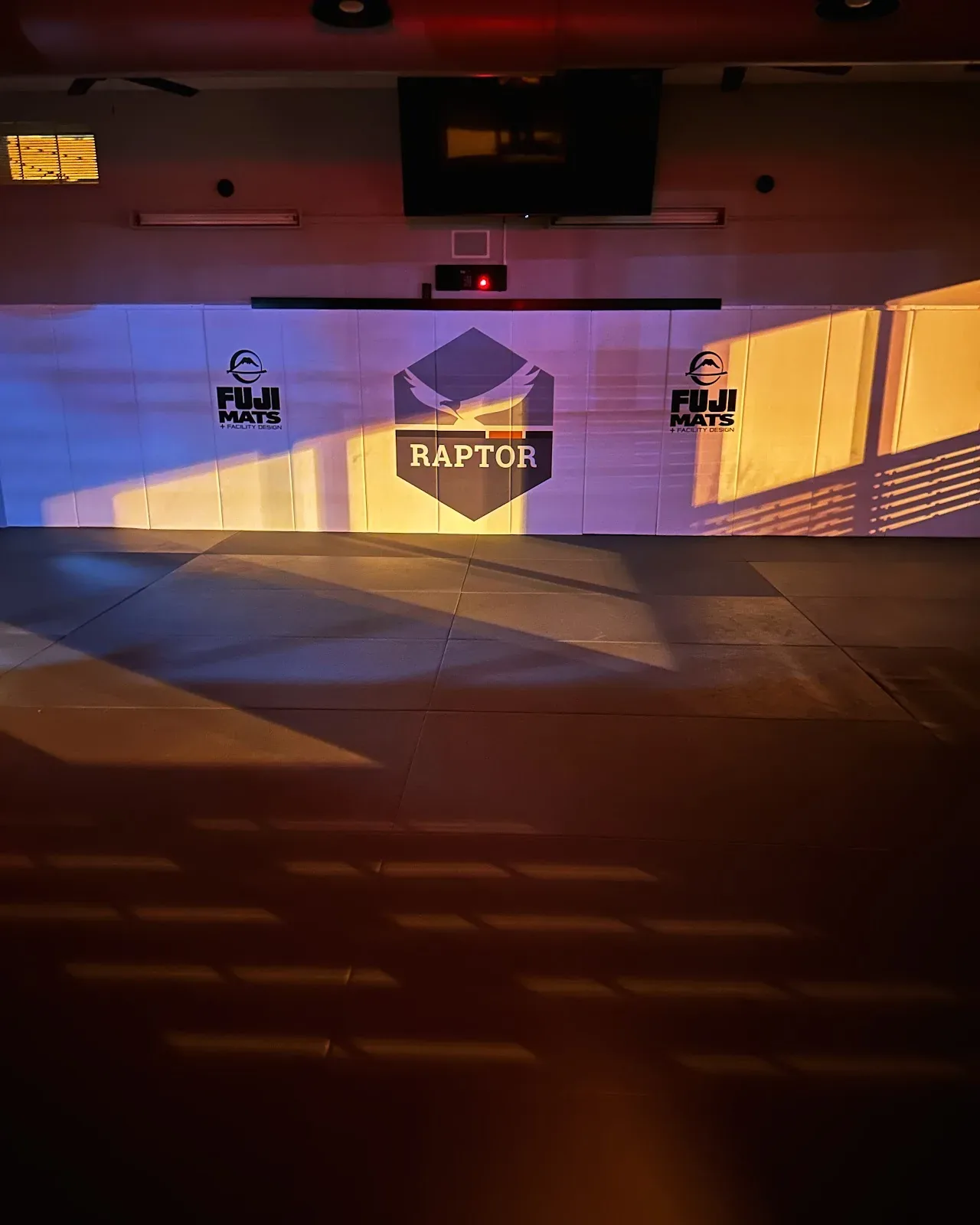 Indoor training mats and wall panels with a large Raptor logo at center and two Fuji Mats logos, colored lighting casting blue and orange shadows.