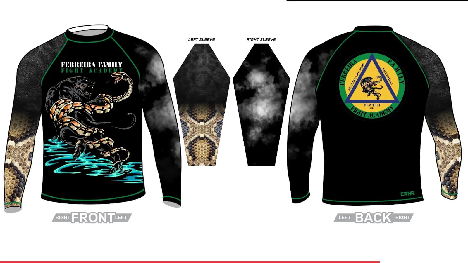 Graphic mockup of a long-sleeve rashguard for Ferreira Family Fight Academy showing front and back designs with snake and panther artwork and circular academy emblem.